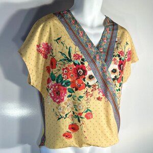 Umgee SZ S Yellow Floral Wrap Top Cottage Core Boho Euro Summer Asian